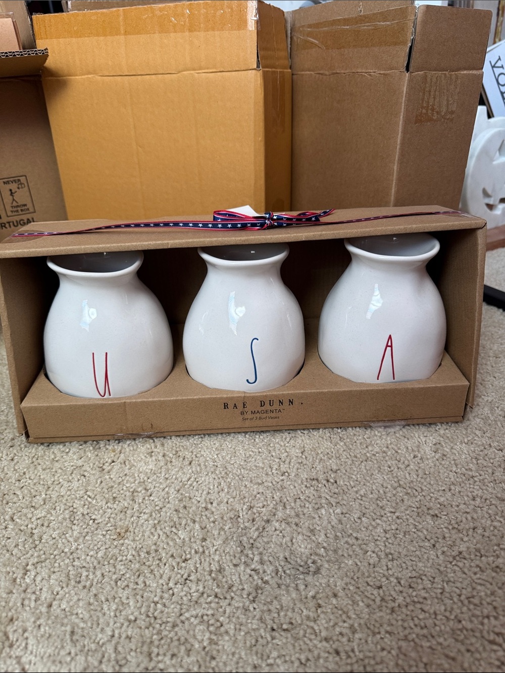Rae Dunn White Ceramic Monogram Vases with Red & Blue Accents (Set of 3)